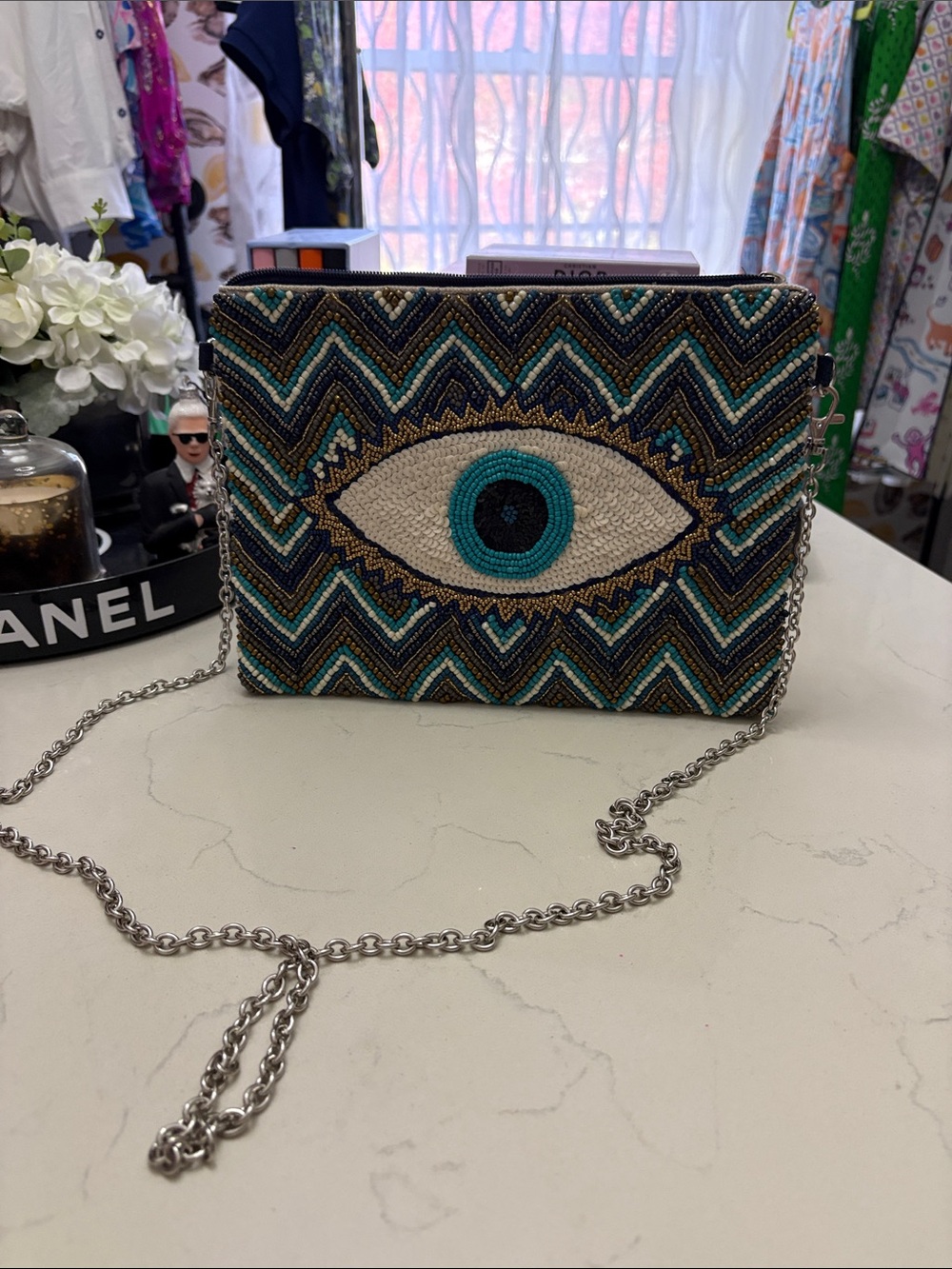 Beaded Evil Eye Motif Clutch in Teal and Cream with Chain Strap